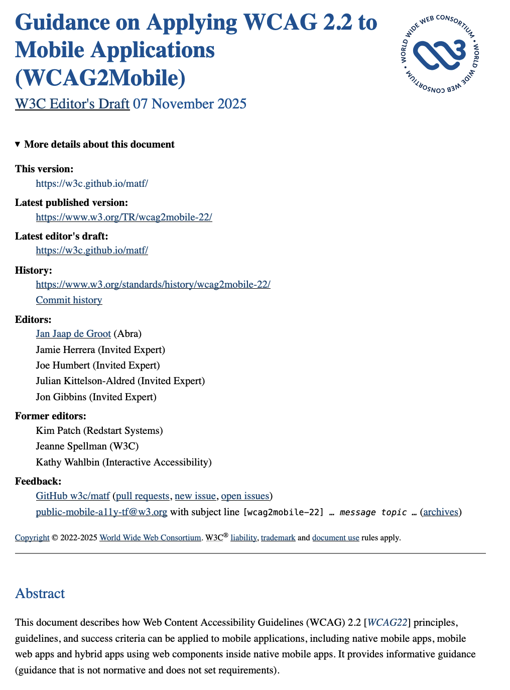 Guidance on Applying WCAG 2.2 to Mobile Applications (WCAG2Mobile), W3C Editor's Draft 07 November 2025