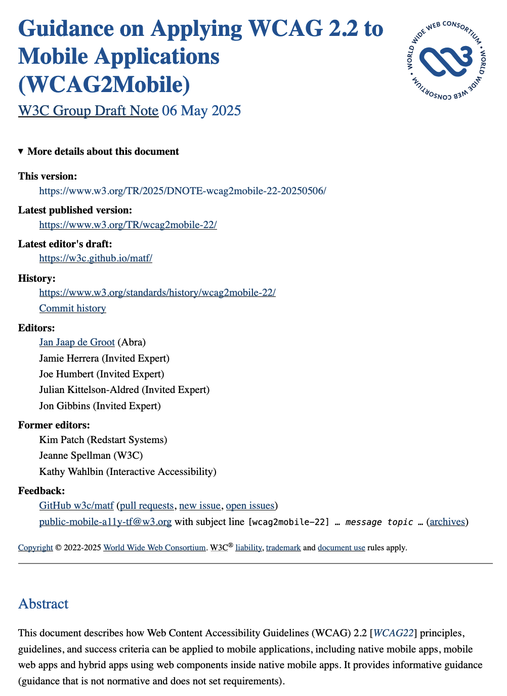 Guidance on Applying WCAG 2.2 to Mobile Applications (WCAG2Mobile), W3C Group Draft Note 06 May 2025